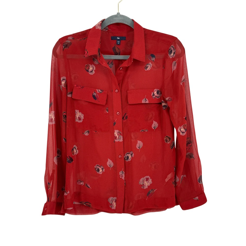 Gap Womens Red Sheer Floral Rose Button Down Shirt Long Sleeve Top XS Office